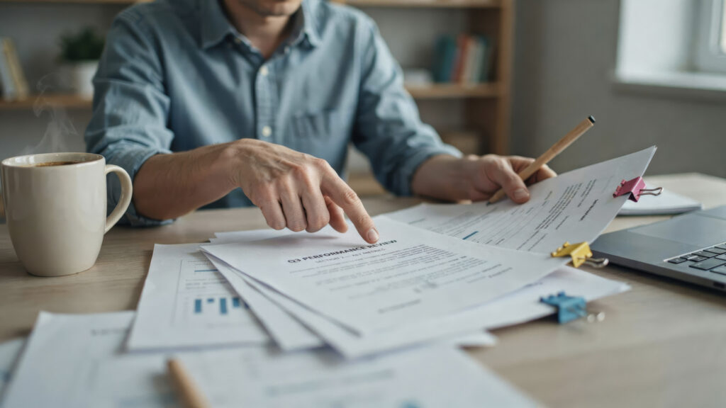 Business owner reviewing documents and charts at a desk, checking a grant application beside a laptop and coffee