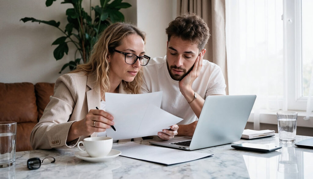 Two professionals reviewing paperwork and a laptop during a small business grant application